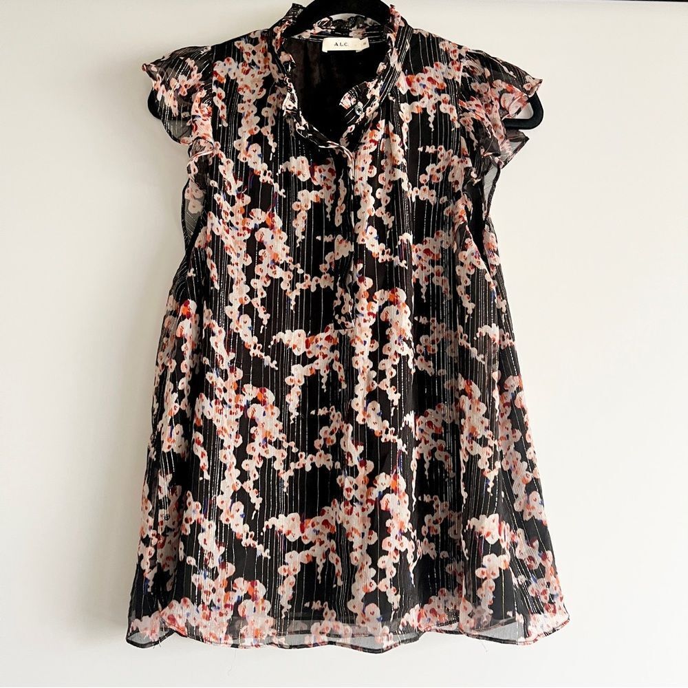 A.L.C. Black Floral Cherry Blossoms with Metallic Accents Women's Top Size 10